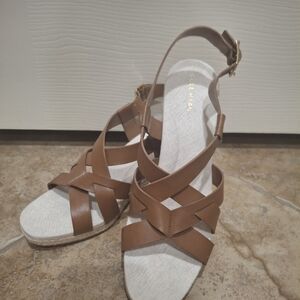 Cole Haan Wedge Strappy Espadrille Sandal in Brown Honey Sz 9.5, Retail $115